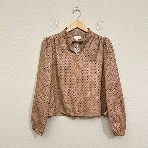 CIEBON Top Brown Faux Leather Eyelet Pullover Puff Sleeve Blouse NWOT